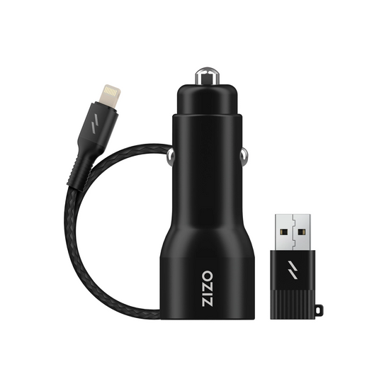 ZIZO PowerVault Bundle Car Charger + Type C to Lightning Cable + USB to Type C Adapter - Black Universal Black