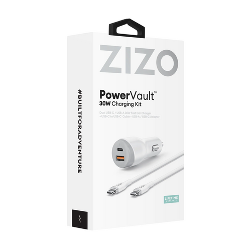 ZIZO PowerVault 30W Dual Port Car Charger Bundle + USB-C Cable + USB-A Adapter - White Universal White