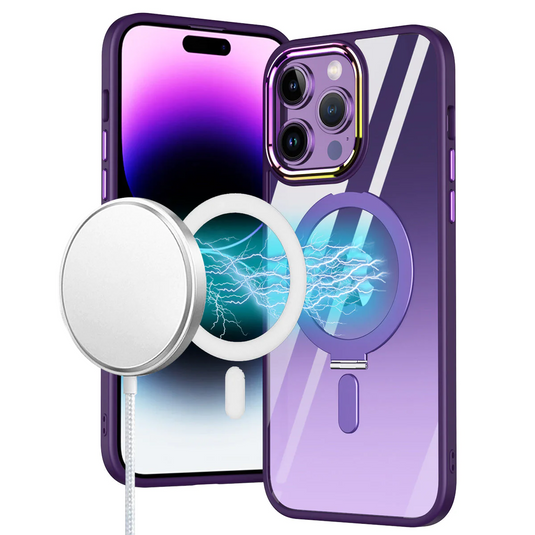 For iPhone 12 & iPhone 12 Pro [Magnetic Circle] Compatible Dazzle Magnetic Ring Stand Alloy Chrome Transparent Hybrid Case Cover - Dark Purple