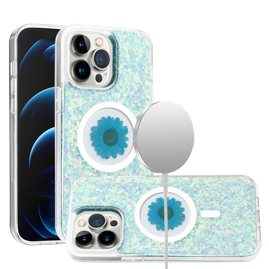 For iP15 Pro Max Magnetic Ring Circle Real Flower Epoxy Glitter Hybrid Case Cover - Light Blue