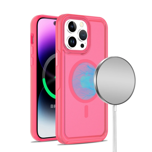 For Apple iPhone 14 PRO MAX 6.7 [Magnetic Circle] Compatible Glossy Oil Premium Hybrid Case Cover - Hot Pink