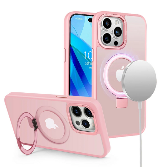 For Apple iPhone 14 PRO MAX 6.7 [Magnetic Circle] Compatible Metal Surrounded Ring Stand Hybrid Case Cover - Pink