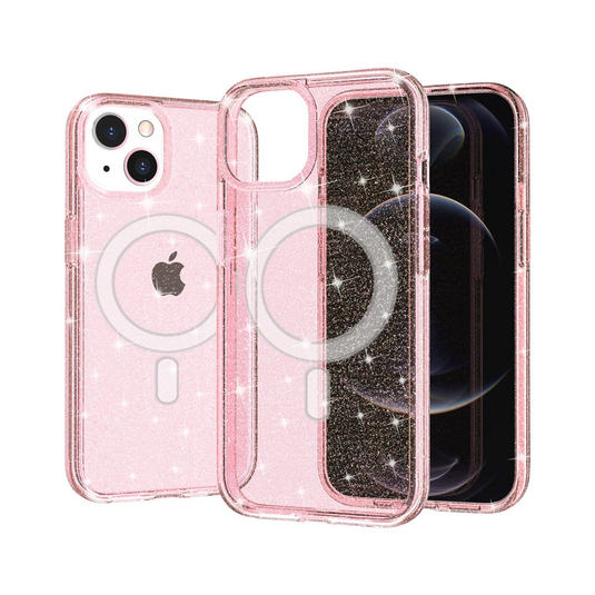For Apple iPhone 14 PRO 6.1 [Magnetic Circle] Compatible Glitter Ultra Thick 3mm Transparent Hybrid Case Cover - Pink