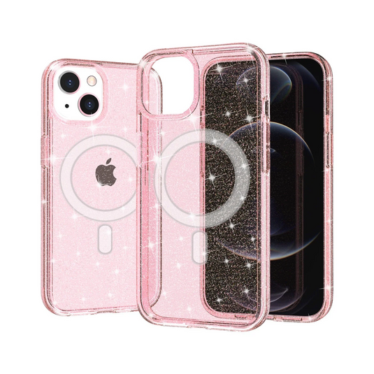 For Apple iPhone 14 PRO MAX 6.7 [Magnetic Circle] Compatible Glitter Ultra Thick 3mm Transparent Hybrid Case Cover - Pink