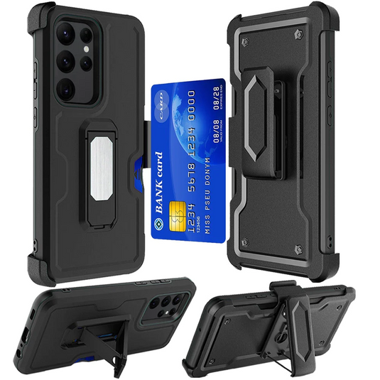 For Samsung S23 Ultra CARD Holster with Kickstand Clip Hybrid Case Cover - Black Samsung Galaxy s23 Ultra Black