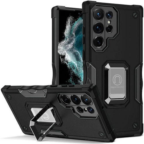 For Samsung S23 Ultra OPTIMUM Magnetic Ring Stand Hybrid Case Cover - Black Samsung Galaxy s23 Ultra Black