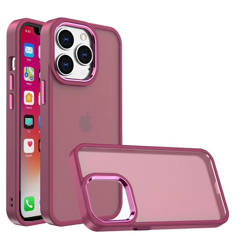 For iPhone 12 & iPhone 12 Pro Polished Oil Thick Acrylic Metal Button Hybrid Case Cover - Burgundy Apple iPhone 12 / 12 Pro (Open Camera Punch) Burgundy