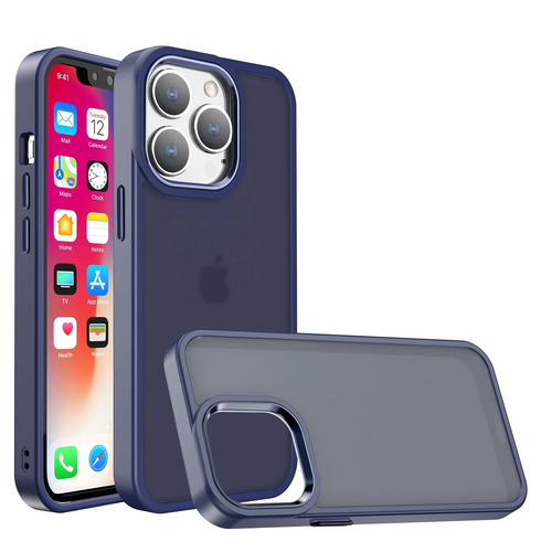 For iPhone 12 & iPhone 12 Pro Polished Oil Thick Acrylic Metal Button Hybrid Case Cover - Dark Blue Apple iPhone 12 / 12 Pro (Open Camera Punch) Dark Blue