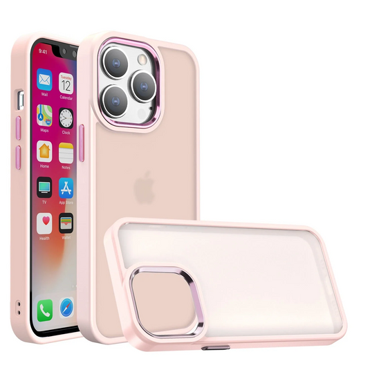 For Apple iPhone 14 6.1 Polished Oil Thick Acrylic Metal Button Hybrid Case Cover - Light Pink Apple iPhone 14 Light Pink