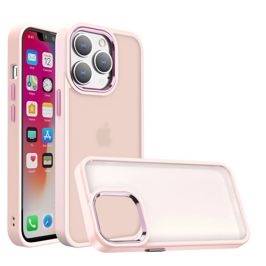 For iPhone 12 & iPhone 12 Pro Polished Oil Thick Acrylic Metal Button Hybrid Case Cover - Light Pink Apple iPhone 12 / 12 Pro (Open Camera Punch) Light Pink