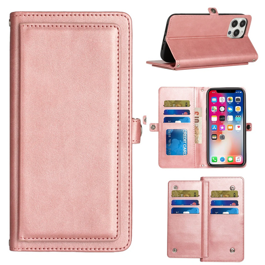 For Apple iPhone 14 Plus 6.7 Wallet Premium PU Vegan Leather ID Multiple Card Holder Money with Strap - Rose Gold iPhone 14 Plus (6.7) Rose Gold