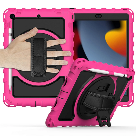 For Apple iPad 9th 8th 7th Gen 10.2 inch Tablet Complete 360 Tough Hybrid Kickstand with Shoulder Hand Strap - Hot Pink Apple iPad 9th 8th 7th Gen 10.2 inch Hotpink