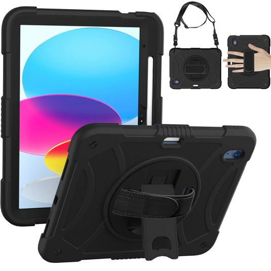 For Apple iPad 10th Gen 2022 3in1 Tablet Hand and Shoulder Strap with Kickstand 3in1 Tough Hybrid - Black Apple iPad 10th Gen 2022 Black