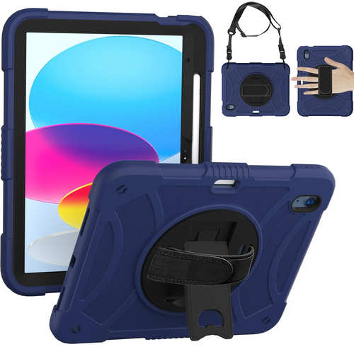 For Apple iPad 10th Gen 2022 3in1 Tablet Hand and Shoulder Strap with Kickstand 3in1 Tough Hybrid - Dark Blue Apple iPad 10th Gen 2022 Dark Blue