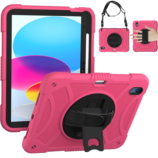 For Apple iPad 10th Gen 2022 3in1 Tablet Hand and Shoulder Strap with Kickstand 3in1 Tough Hybrid - Hot Pink Apple iPad 10th Gen 2022 Hotpink