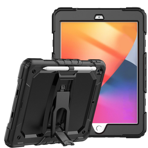 For Apple iPad 9th Gen 10.2 inch (2021) Heavy Duty Full Body Rugged Tablet Kickstand Case Cover - Black/Black Apple iPad 9th 8th 7th Gen 10.2 inch Black